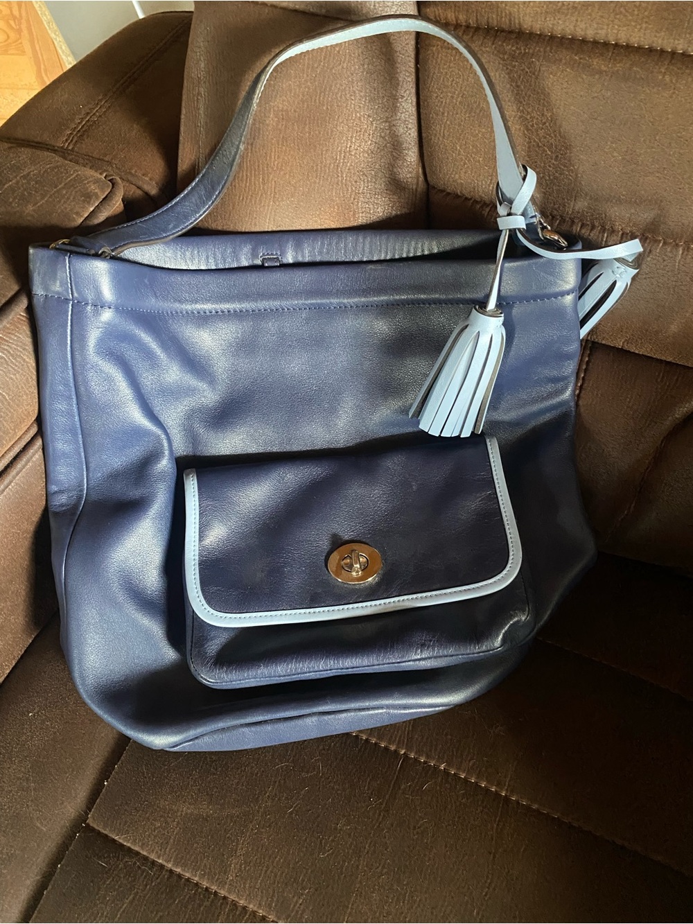 Coach Navy and Light Blue Leather Shoulder Tote with Tassel
